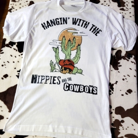 Country Grace With Alisha Tops - Hangin With The Hippies And Cowboys Tee White Graphic Short Sleeve Tshirt
